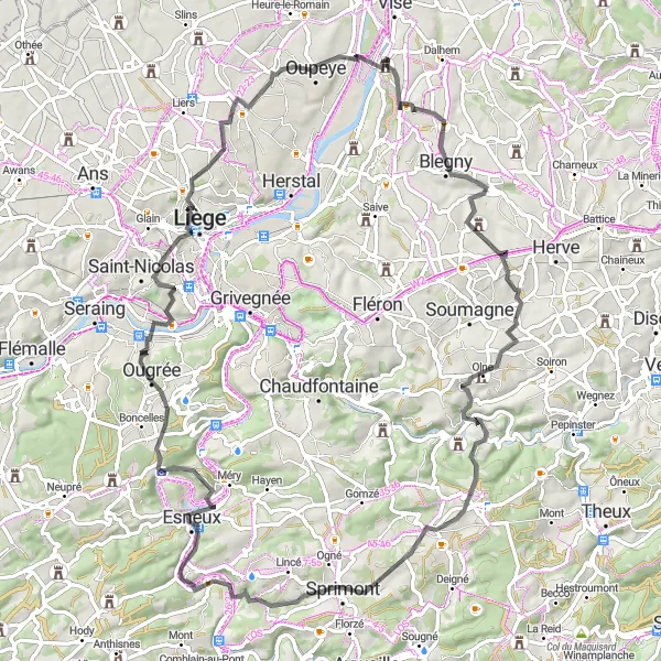 Map miniature of "Castle and Scenic Roads" cycling inspiration in Prov. Liège, Belgium. Generated by Tarmacs.app cycling route planner