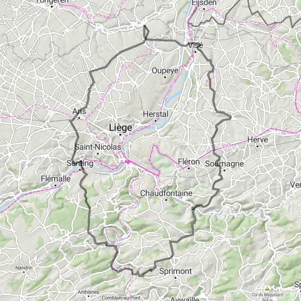 Miniature de la carte de l'inspiration cycliste "Châteaux et terrils autour de Liège" dans la Prov. Liège, Belgium. Générée par le planificateur d'itinéraire cycliste Tarmacs.app