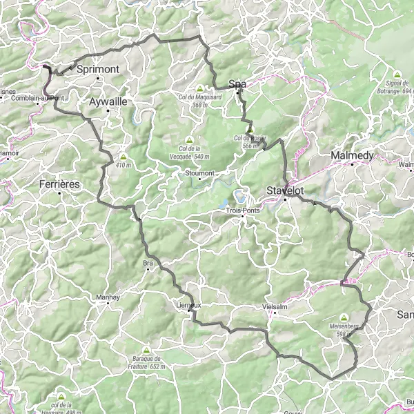 Karten-Miniaturansicht der Radinspiration "Herausfordernde Road-Strecke von Poulseur" in Prov. Liège, Belgium. Erstellt vom Tarmacs.app-Routenplaner für Radtouren