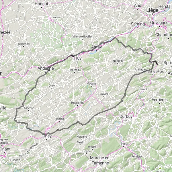 Miniatuurkaart van de fietsinspiratie "Wegfietsen door de Condroz regio" in Prov. Liège, Belgium. Gemaakt door de Tarmacs.app fietsrouteplanner