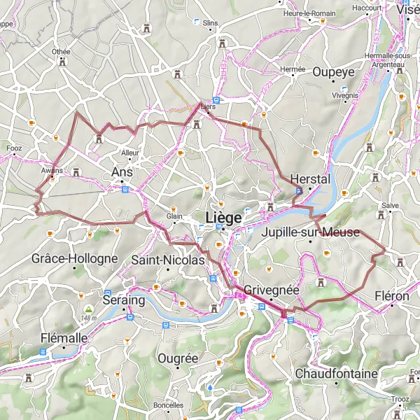 Karten-Miniaturansicht der Radinspiration "Moulins-sous-Fléron und Jupille-sur-Meuse Gravel Route" in Prov. Liège, Belgium. Erstellt vom Tarmacs.app-Routenplaner für Radtouren