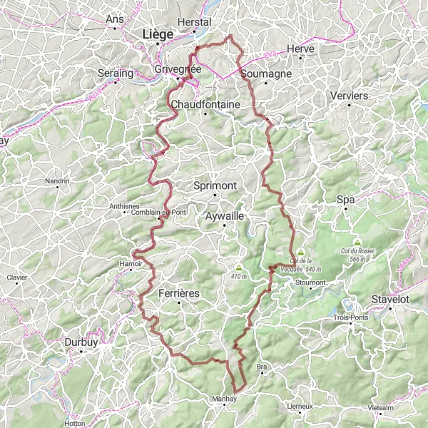 Miniature de la carte de l'inspiration cycliste "Les Collines de Liège" dans la Prov. Liège, Belgium. Générée par le planificateur d'itinéraire cycliste Tarmacs.app