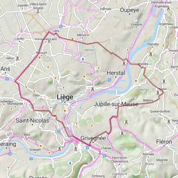 Map miniature of "Grivegnée Gravel Adventure" cycling inspiration in Prov. Liège, Belgium. Generated by Tarmacs.app cycling route planner