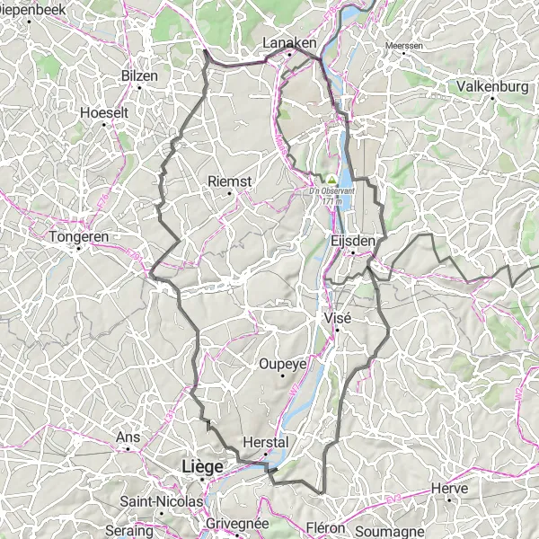Miniature de la carte de l'inspiration cycliste "Boucle sur Route des Terrils et Châteaux de Liège" dans la Prov. Liège, Belgium. Générée par le planificateur d'itinéraire cycliste Tarmacs.app