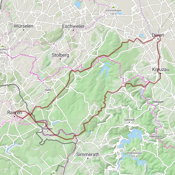 Map miniature of "Raeren Gravel Discovery" cycling inspiration in Prov. Liège, Belgium. Generated by Tarmacs.app cycling route planner