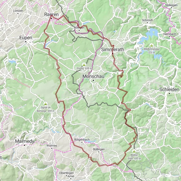 Miniature de la carte de l'inspiration cycliste "Parcours Gravel à Raeren - Outrewarche et retour" dans la Prov. Liège, Belgium. Générée par le planificateur d'itinéraire cycliste Tarmacs.app