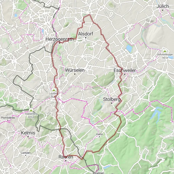 Map miniature of "Raeren Extended Gravel Route" cycling inspiration in Prov. Liège, Belgium. Generated by Tarmacs.app cycling route planner