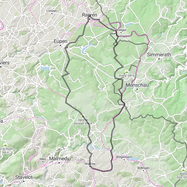 Miniature de la carte de l'inspiration cycliste "Parcours Route à Raeren - Signal de Botrange et retour" dans la Prov. Liège, Belgium. Générée par le planificateur d'itinéraire cycliste Tarmacs.app