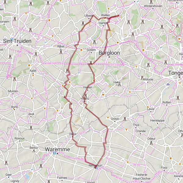Miniature de la carte de l'inspiration cycliste "Les Sentiers Secrets de Hesbaye" dans la Prov. Liège, Belgium. Générée par le planificateur d'itinéraire cycliste Tarmacs.app