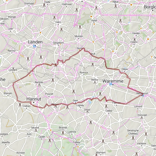 Miniatuurkaart van de fietsinspiratie "Gravelavontuur langs Hollogne-sur-Geer en Oleye" in Prov. Liège, Belgium. Gemaakt door de Tarmacs.app fietsrouteplanner