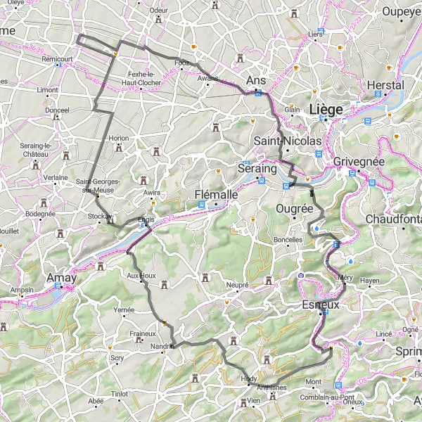 Map miniature of "Road routes around Remicourt" cycling inspiration in Prov. Liège, Belgium. Generated by Tarmacs.app cycling route planner