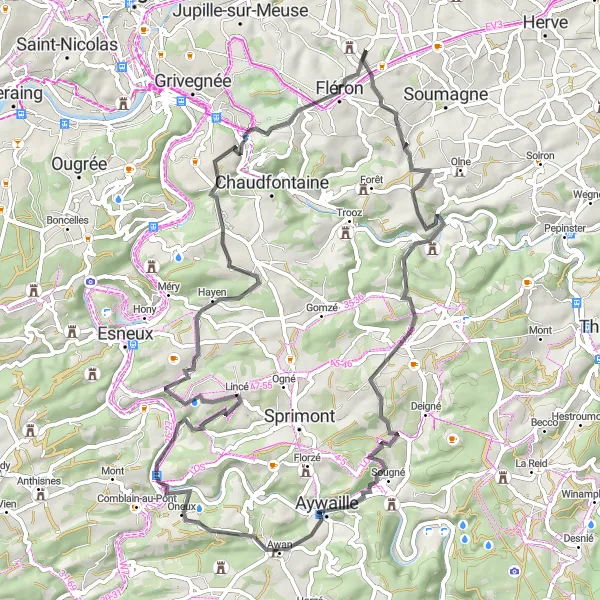 Miniature de la carte de l'inspiration cycliste "Circuit de Retinne à Nessonvaux et Fléron" dans la Prov. Liège, Belgium. Générée par le planificateur d'itinéraire cycliste Tarmacs.app