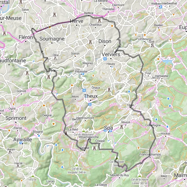 Map miniature of "Terril du Hasard and Col du Rosier Road Challenge" cycling inspiration in Prov. Liège, Belgium. Generated by Tarmacs.app cycling route planner