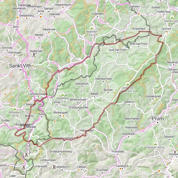 Miniatuurkaart van de fietsinspiratie "Gravelroute Reuland-Thommerberg-Maspelt-Andler-Knaufspesch-Heckhuscheid-Stoubach" in Prov. Liège, Belgium. Gemaakt door de Tarmacs.app fietsrouteplanner