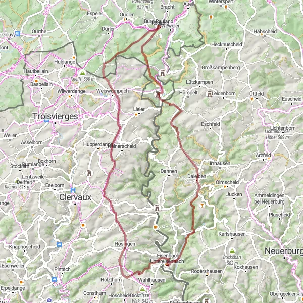 Map miniature of "The Castle Routes" cycling inspiration in Prov. Liège, Belgium. Generated by Tarmacs.app cycling route planner