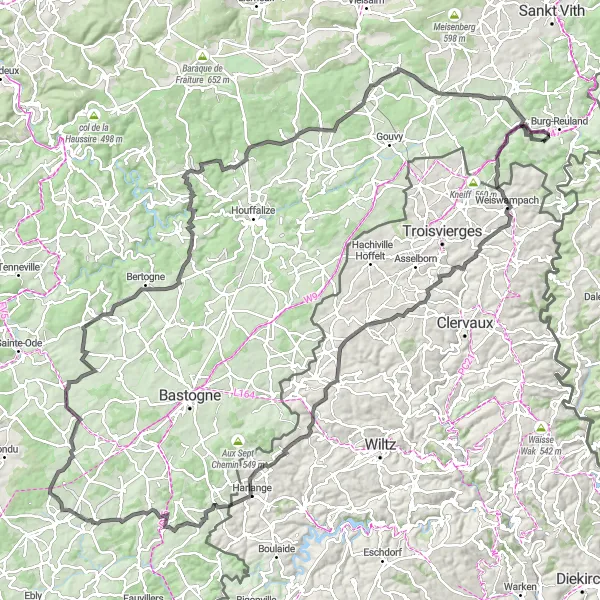 Map miniature of "The Ardennes Climbers Tour" cycling inspiration in Prov. Liège, Belgium. Generated by Tarmacs.app cycling route planner