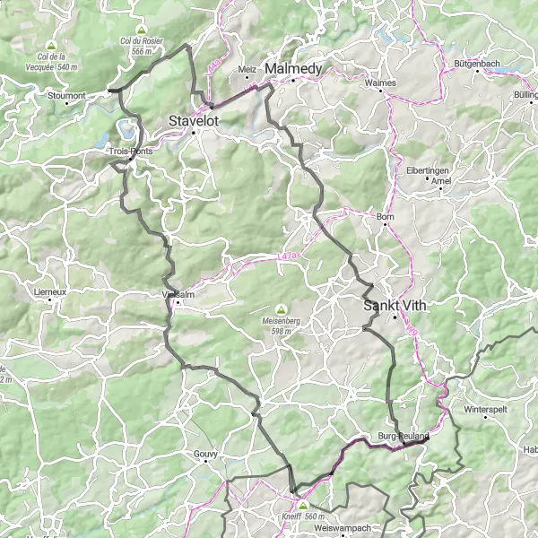 Map miniature of "The Ardennes Challenge" cycling inspiration in Prov. Liège, Belgium. Generated by Tarmacs.app cycling route planner