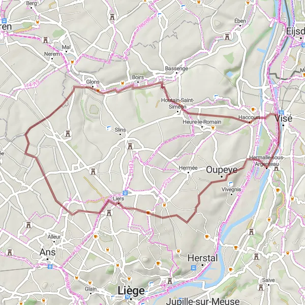 Karten-Miniaturansicht der Radinspiration "Kieswege um Liers und Glons" in Prov. Liège, Belgium. Erstellt vom Tarmacs.app-Routenplaner für Radtouren