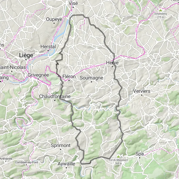 Miniatuurkaart van de fietsinspiratie "Rit door Pittoreske Dorpen en Uitkijkpunten" in Prov. Liège, Belgium. Gemaakt door de Tarmacs.app fietsrouteplanner