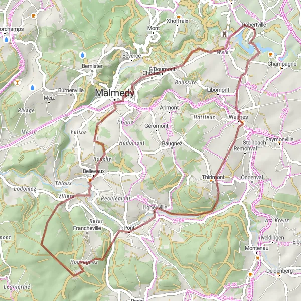 Karten-Miniaturansicht der Radinspiration "Gemütliche Gravelrunde um Robertville" in Prov. Liège, Belgium. Erstellt vom Tarmacs.app-Routenplaner für Radtouren
