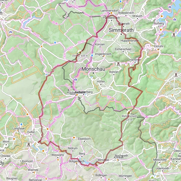 Map miniature of "Robertville to Outrewarche Gravel Loop" cycling inspiration in Prov. Liège, Belgium. Generated by Tarmacs.app cycling route planner
