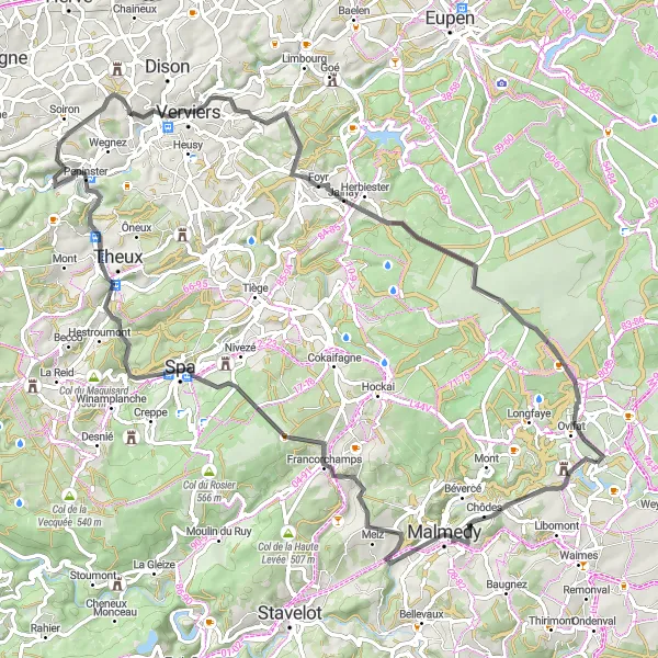 Map miniature of "The Mountain Challenge" cycling inspiration in Prov. Liège, Belgium. Generated by Tarmacs.app cycling route planner