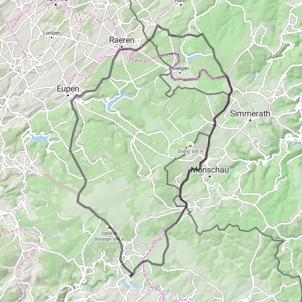 Miniatuurkaart van de fietsinspiratie "Fietsroute vanaf Robertville naar Monschau" in Prov. Liège, Belgium. Gemaakt door de Tarmacs.app fietsrouteplanner