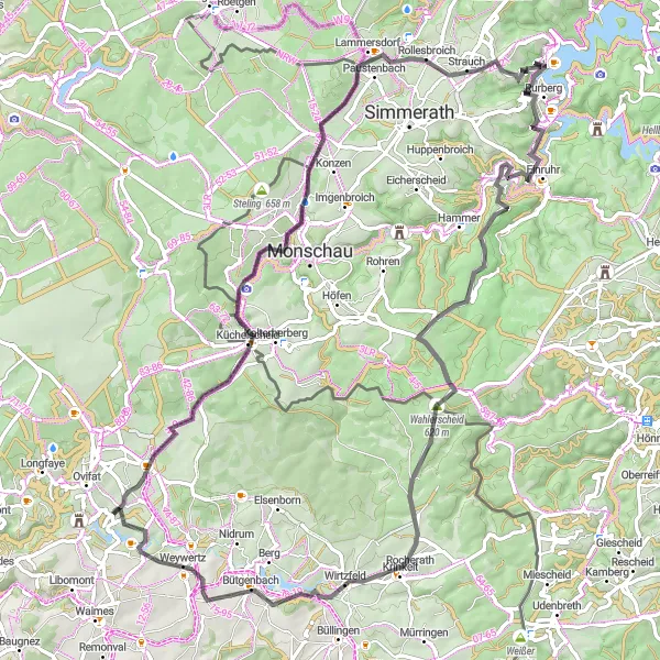 Miniature de la carte de l'inspiration cycliste "Monschau Loop Challenge - Road Cycling Paradise" dans la Prov. Liège, Belgium. Générée par le planificateur d'itinéraire cycliste Tarmacs.app