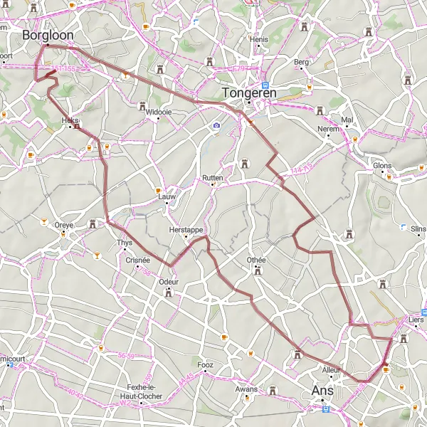 Map miniature of "Château-Ferme de Hombroux Gravel Route" cycling inspiration in Prov. Liège, Belgium. Generated by Tarmacs.app cycling route planner