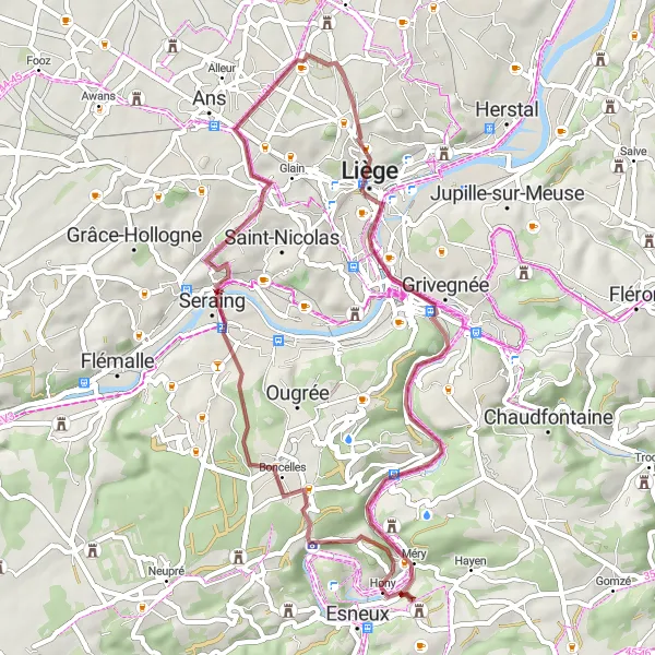 Miniatuurkaart van de fietsinspiratie "Gravelroute van Rocourt naar de vallei van de Ourthe" in Prov. Liège, Belgium. Gemaakt door de Tarmacs.app fietsrouteplanner