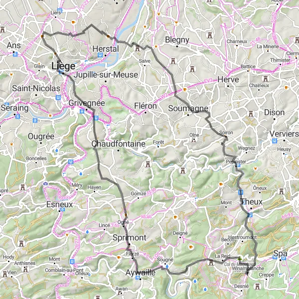 Karten-Miniaturansicht der Radinspiration "Herausfordernde Höhenmeter und grandiose Aussichten" in Prov. Liège, Belgium. Erstellt vom Tarmacs.app-Routenplaner für Radtouren