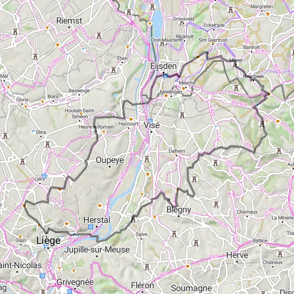 Miniatuurkaart van de fietsinspiratie "Wegroute vanuit Rocourt naar Milmort en terug" in Prov. Liège, Belgium. Gemaakt door de Tarmacs.app fietsrouteplanner