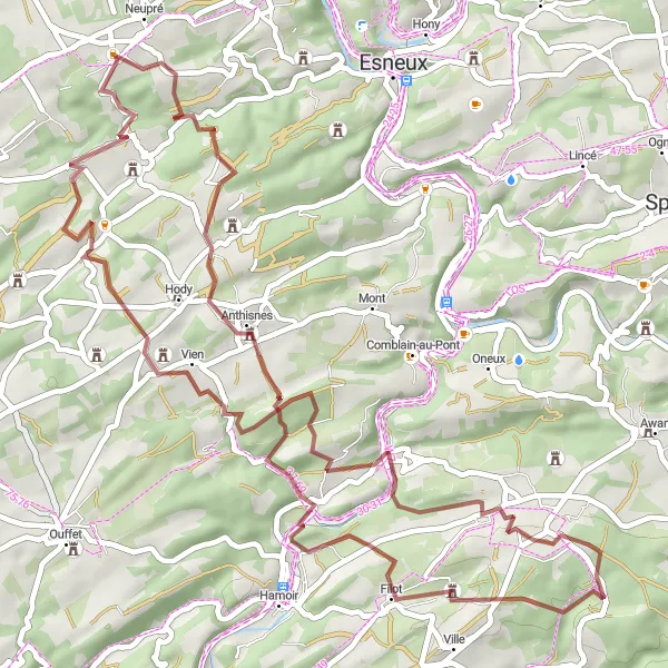 Miniature de la carte de l'inspiration cycliste "Boucle des Châteaux et des chemins gravelleux" dans la Prov. Liège, Belgium. Générée par le planificateur d'itinéraire cycliste Tarmacs.app