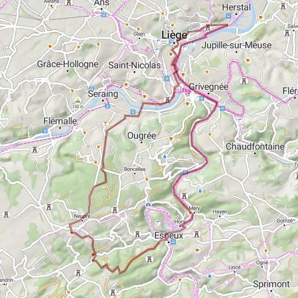 Miniature de la carte de l'inspiration cycliste "Circuit des Châteaux et des panoramas" dans la Prov. Liège, Belgium. Générée par le planificateur d'itinéraire cycliste Tarmacs.app