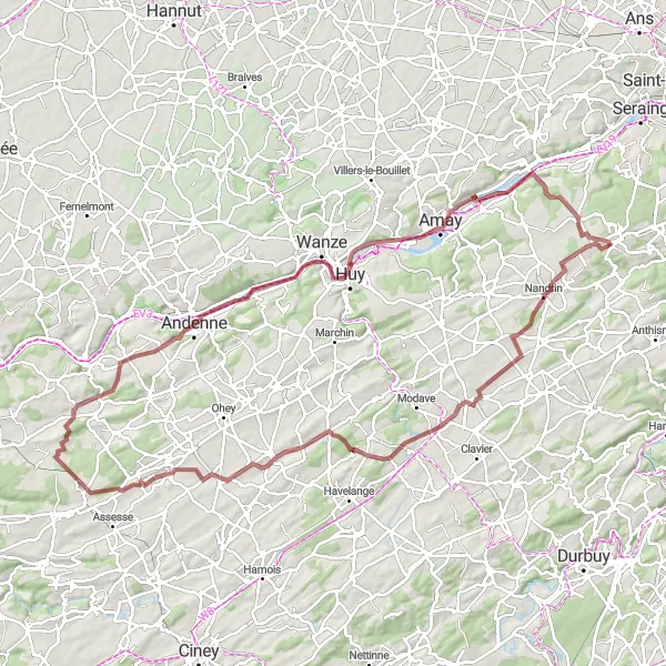 Miniature de la carte de l'inspiration cycliste "Exploration Gravel des Vallées et Plateaux" dans la Prov. Liège, Belgium. Générée par le planificateur d'itinéraire cycliste Tarmacs.app