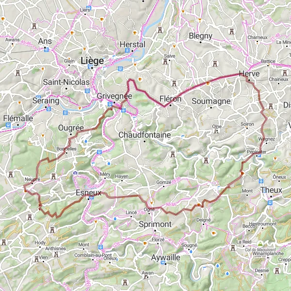 Map miniature of "Thrilling Gravel Adventure to Grand-Rechain" cycling inspiration in Prov. Liège, Belgium. Generated by Tarmacs.app cycling route planner