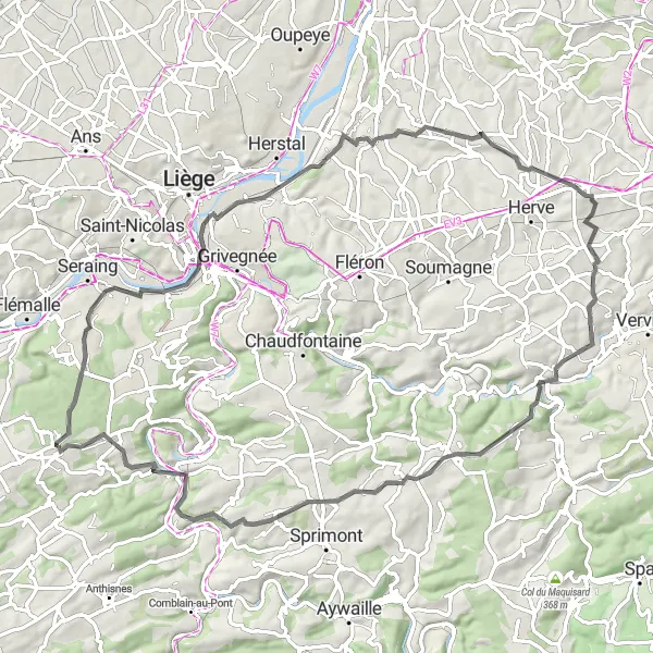 Karten-Miniaturansicht der Radinspiration "Herausfordernde Straßenfahrt" in Prov. Liège, Belgium. Erstellt vom Tarmacs.app-Routenplaner für Radtouren