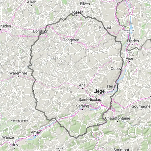 Map miniature of "Discovering the Condroz Region" cycling inspiration in Prov. Liège, Belgium. Generated by Tarmacs.app cycling route planner