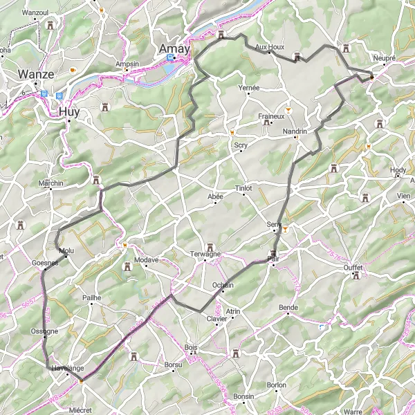 Miniatuurkaart van de fietsinspiratie "Kastelenroute door de Ardennen" in Prov. Liège, Belgium. Gemaakt door de Tarmacs.app fietsrouteplanner
