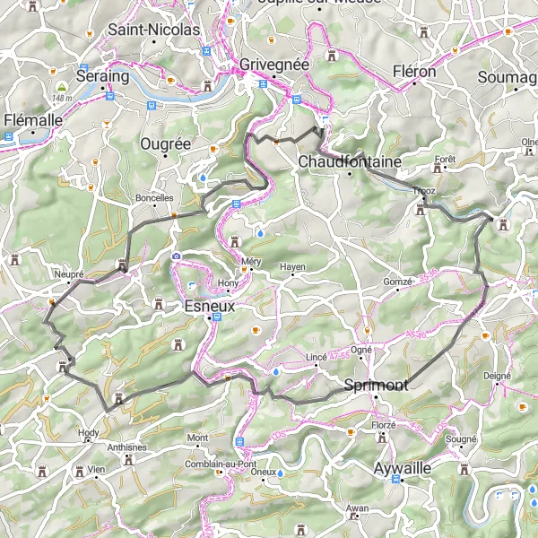 Miniatuurkaart van de fietsinspiratie "Kasteelroutes vanuit Rotheux-Rimière" in Prov. Liège, Belgium. Gemaakt door de Tarmacs.app fietsrouteplanner