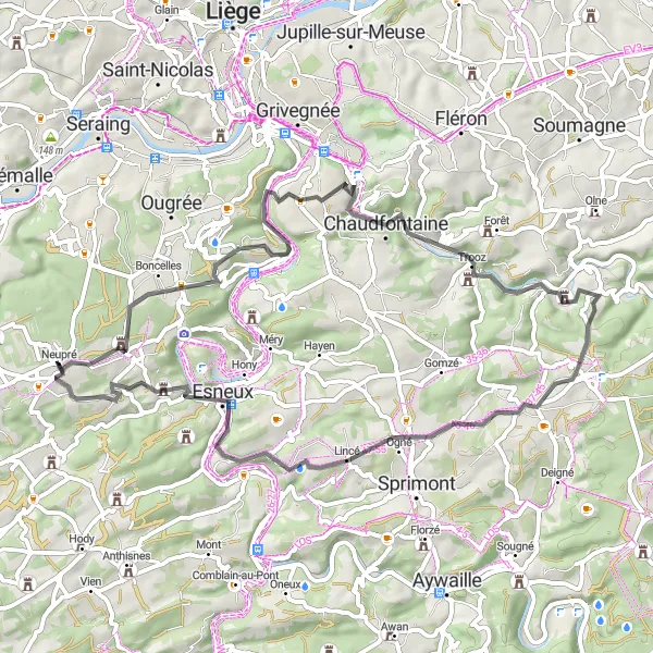Miniature de la carte de l'inspiration cycliste "Les Châteaux de la Vallée de l'Ourthe" dans la Prov. Liège, Belgium. Générée par le planificateur d'itinéraire cycliste Tarmacs.app