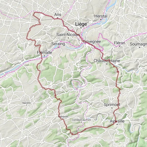 Miniatuurkaart van de fietsinspiratie "Uitdagende gravelroute met prachtige uitzichten" in Prov. Liège, Belgium. Gemaakt door de Tarmacs.app fietsrouteplanner