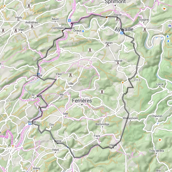Map miniature of "Florze and Ourthe Valleys" cycling inspiration in Prov. Liège, Belgium. Generated by Tarmacs.app cycling route planner