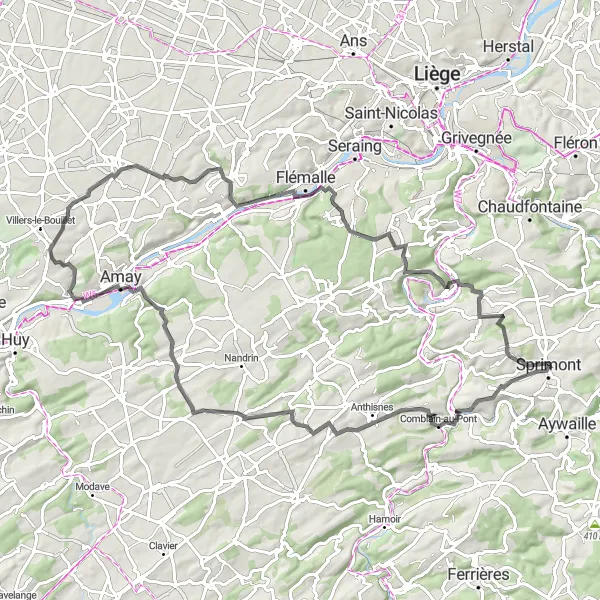 Miniatuurkaart van de fietsinspiratie "Avontuurlijke fietstocht door pittoreske dorpjes en historische bezienswaardigheden" in Prov. Liège, Belgium. Gemaakt door de Tarmacs.app fietsrouteplanner