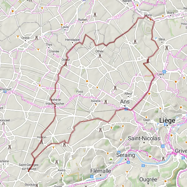 Miniatuurkaart van de fietsinspiratie "Gravelroute van Saint-Georges-sur-Meuse naar Velroux" in Prov. Liège, Belgium. Gemaakt door de Tarmacs.app fietsrouteplanner