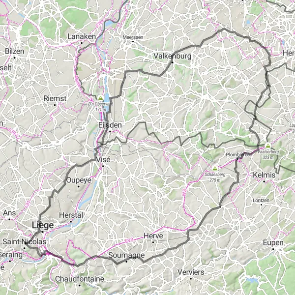 Miniature de la carte de l'inspiration cycliste "Les panoramas spectaculaires de Liège" dans la Prov. Liège, Belgium. Générée par le planificateur d'itinéraire cycliste Tarmacs.app