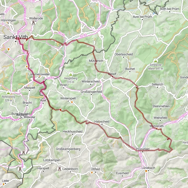 Miniature de la carte de l'inspiration cycliste "Tour de la région de Saint-Vith en gravier" dans la Prov. Liège, Belgium. Générée par le planificateur d'itinéraire cycliste Tarmacs.app