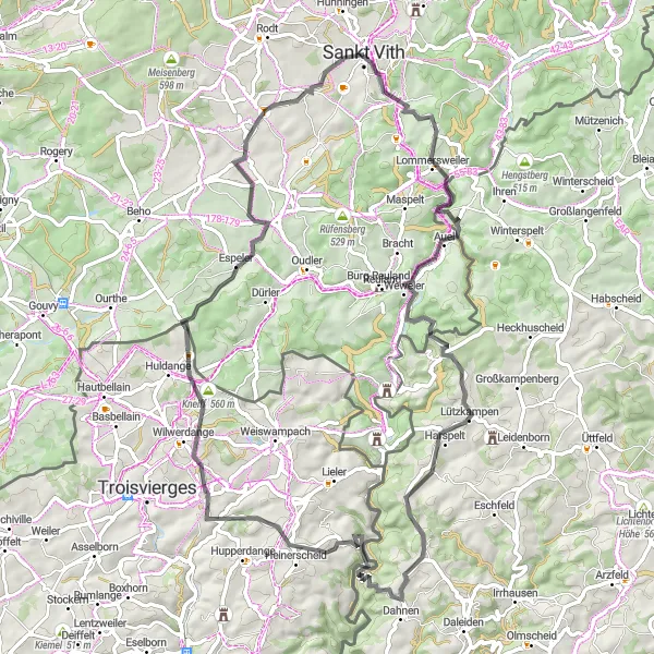 Karten-Miniaturansicht der Radinspiration "Hügeliges Abenteuer rund um Saint-Vith" in Prov. Liège, Belgium. Erstellt vom Tarmacs.app-Routenplaner für Radtouren
