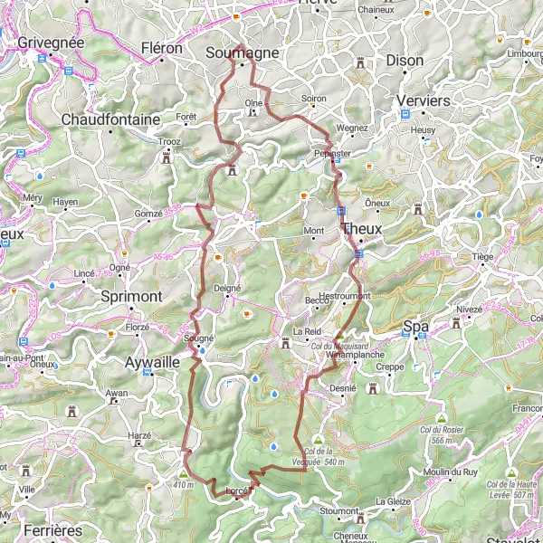 Miniature de la carte de l'inspiration cycliste "Randonnée Gravel à la Découverte des Châteaux" dans la Prov. Liège, Belgium. Générée par le planificateur d'itinéraire cycliste Tarmacs.app