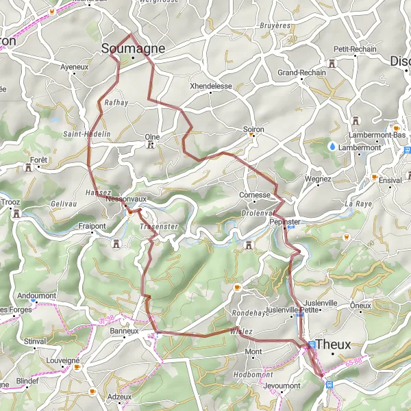 Map miniature of "Pepinster and Terril du Bas-Bois Gravel Cycling Route" cycling inspiration in Prov. Liège, Belgium. Generated by Tarmacs.app cycling route planner